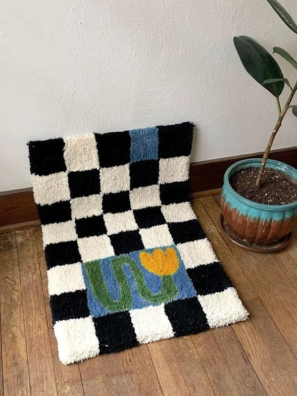 INSPECIAL HOME Soft Contemporary Floral Checker Bath Rug, Absorbent, Anti-Slippery Mat