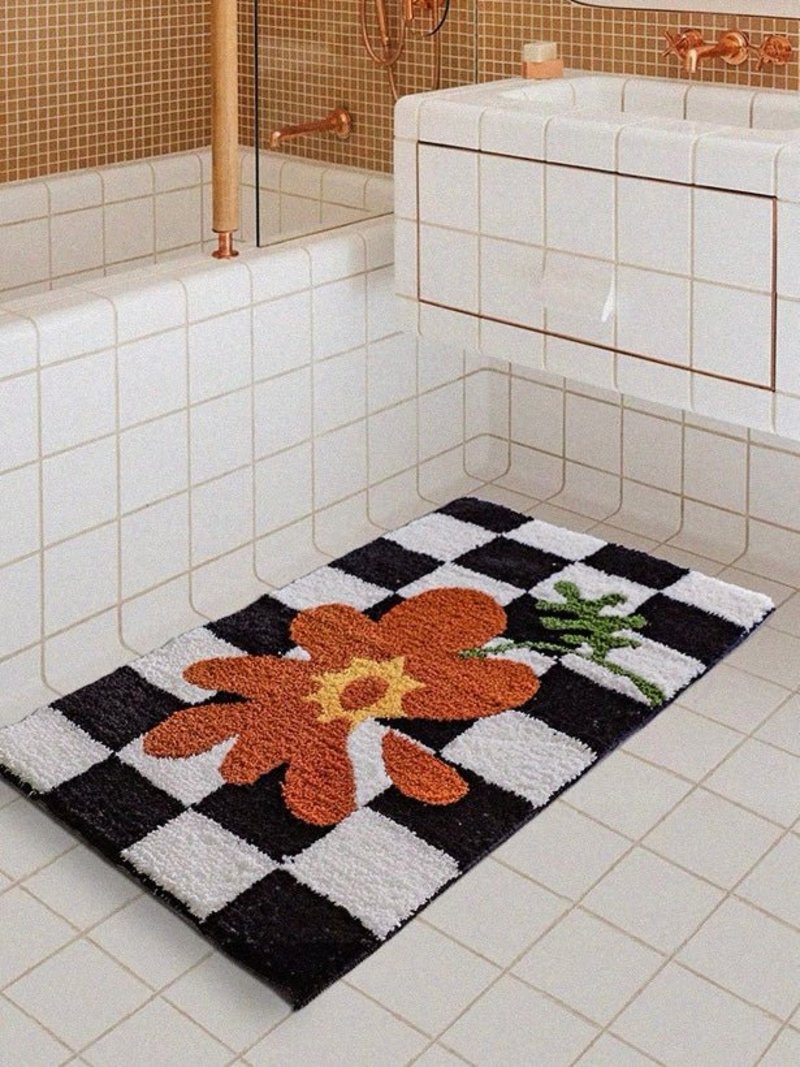 INSPECIAL HOME Soft Contemporary Floral Checker Bath Rug, Absorbent, Anti-Slippery Mat INSPECIAL HOME Soft Contemporary Floral Checker Bath Rug, Absorbent, Anti-Slippery Mat
