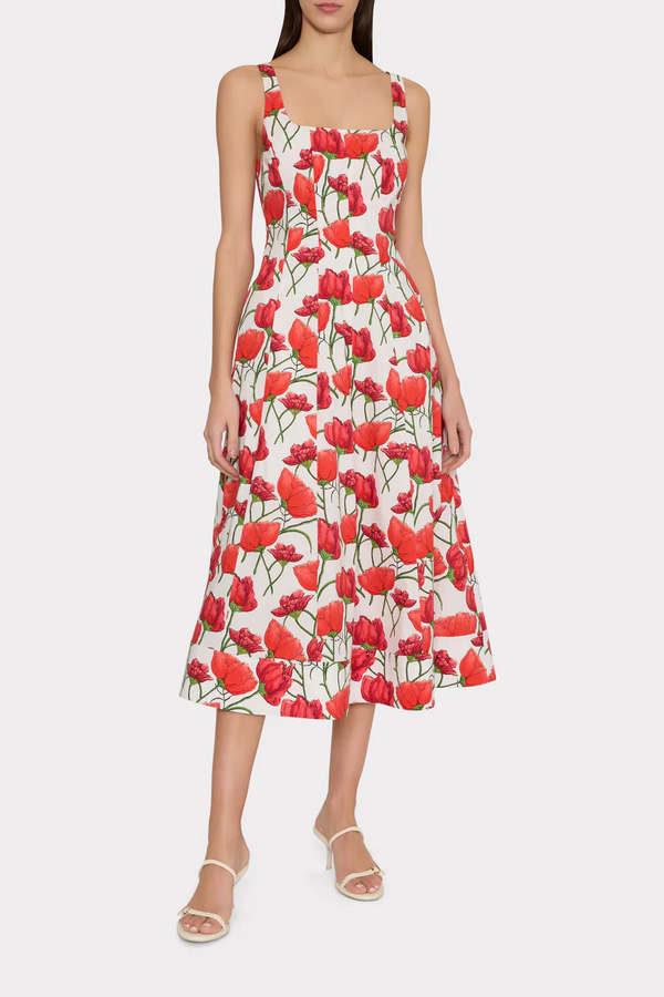 Milly Nia Poplin Square Neck Dress - Red Multi | Garmentory