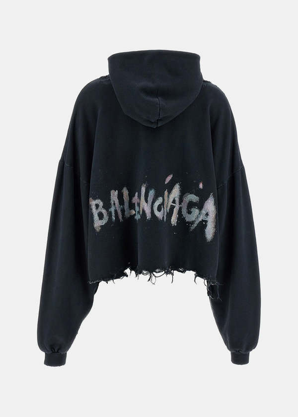 Balenciaga Nail Polish Cropped Hoodie - Faded Washed Black