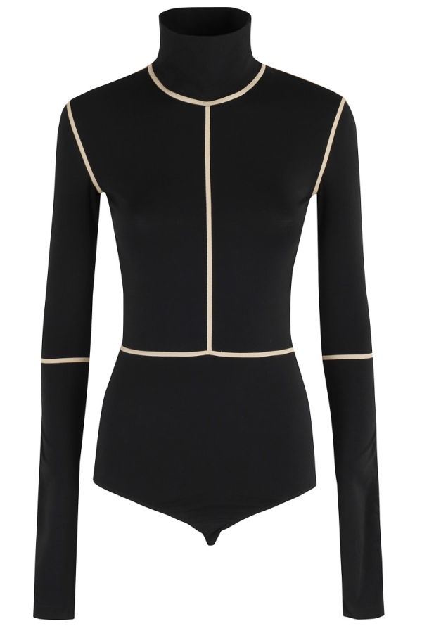 Maison Margiela High Neck Bodysuit With Contrasting Beige Piping - Black