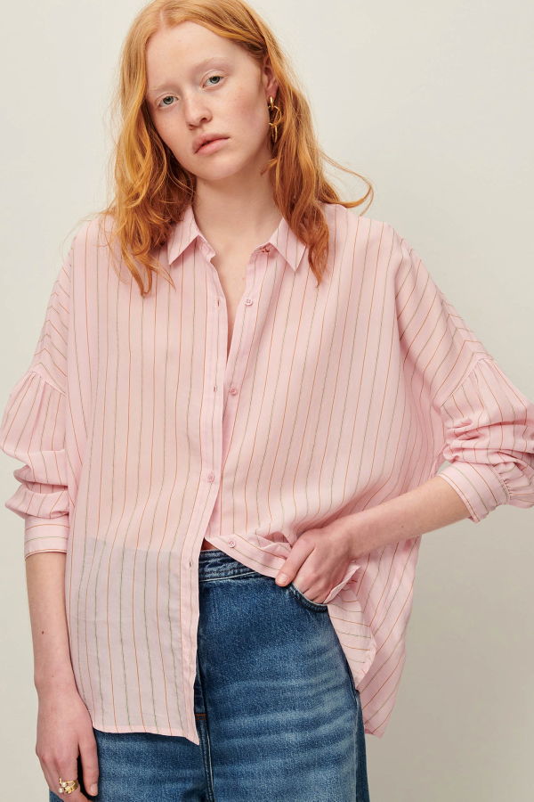 Sessun Botan Cream Vertical Stripe Button Down Collared Shirt