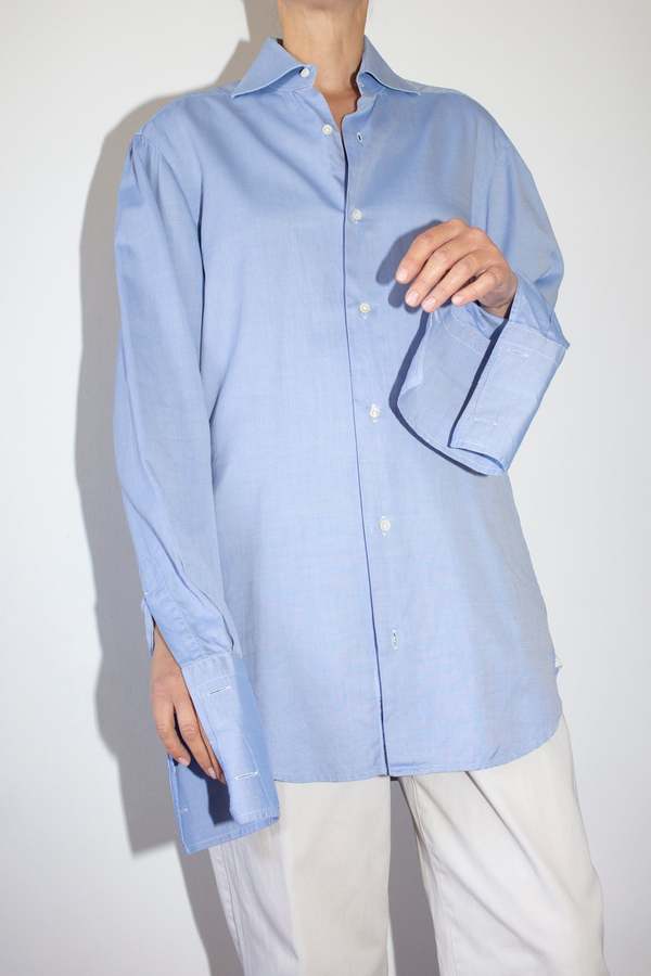mother of pearl buttons dress shirt Blue Stretch Shirt with Mother of Pearl Buttons size 43