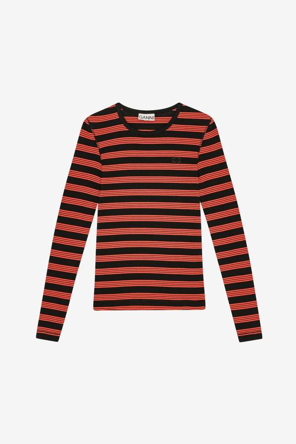 Ganni Soft Cotton Rib Striped Long Sleeve Top | Garmentory