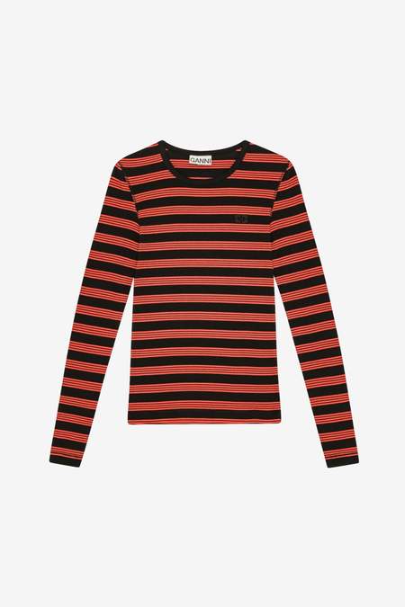 【関税＆送料込み】Ganni Long-Sleeved T-Shirt Ganni Soft Cotton Rib Long Sleeve T- Shirt - Black | Garmentory