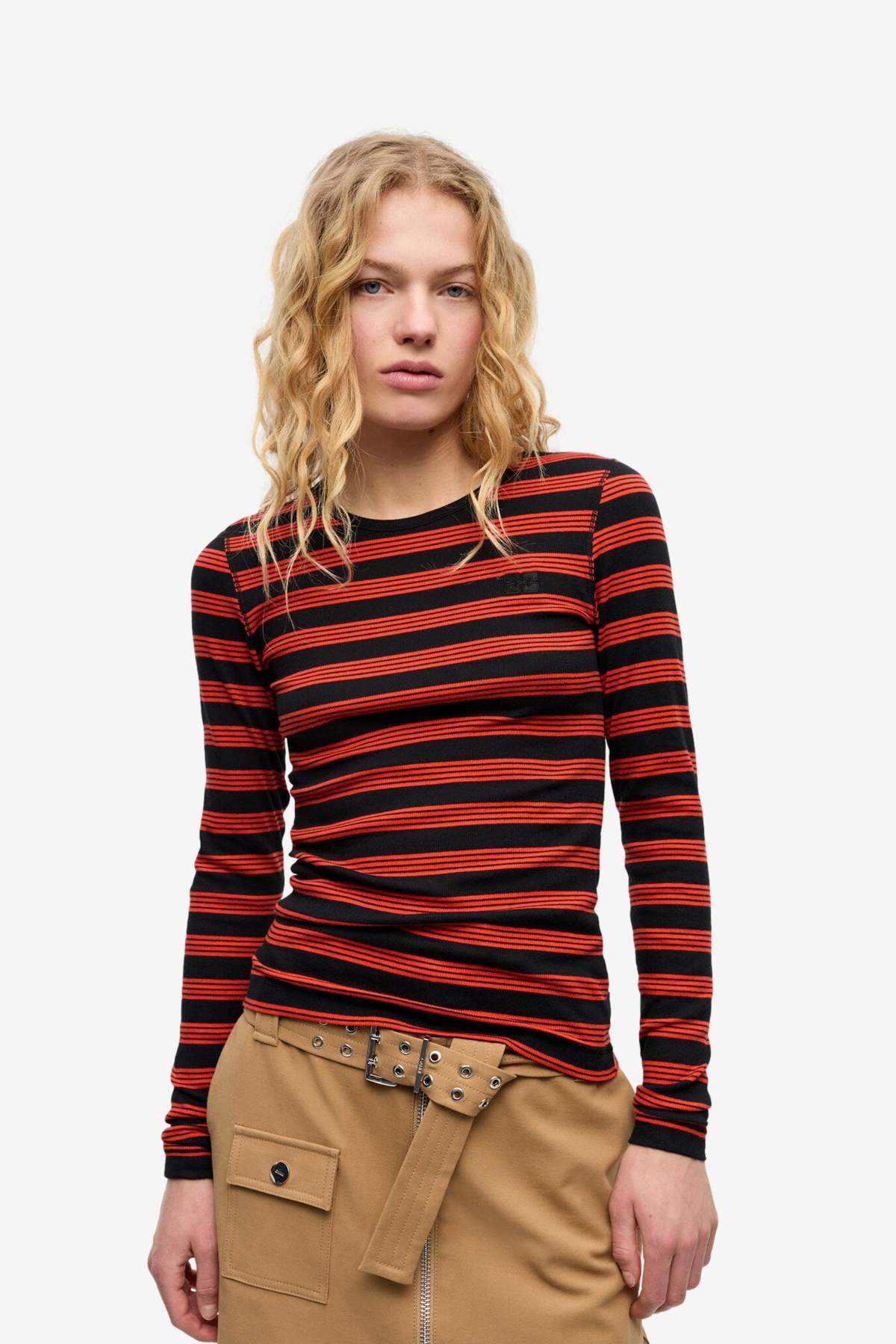 Ganni Soft Cotton Rib Striped Long Sleeve Top | Garmentory