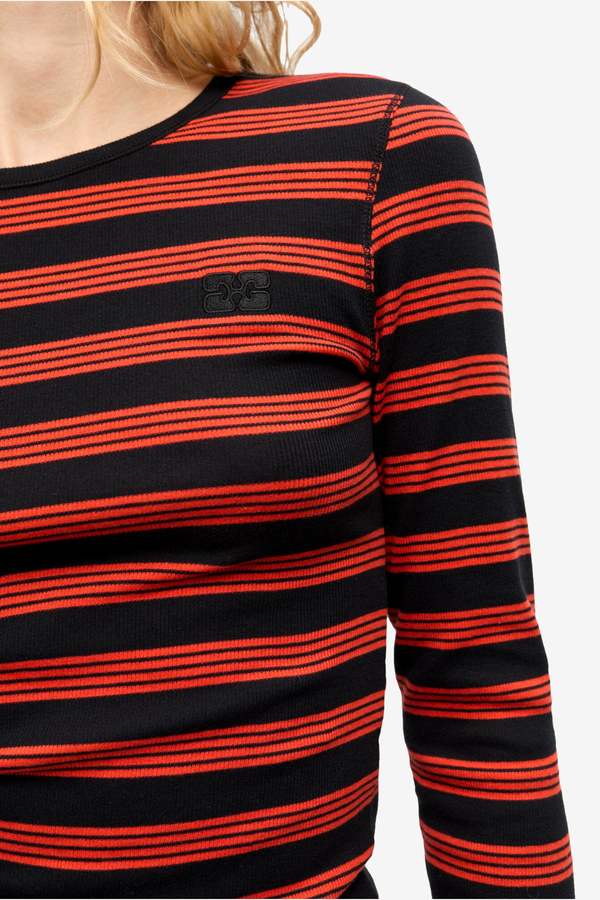 Ganni Soft Cotton Rib Striped Long Sleeve Top | Garmentory