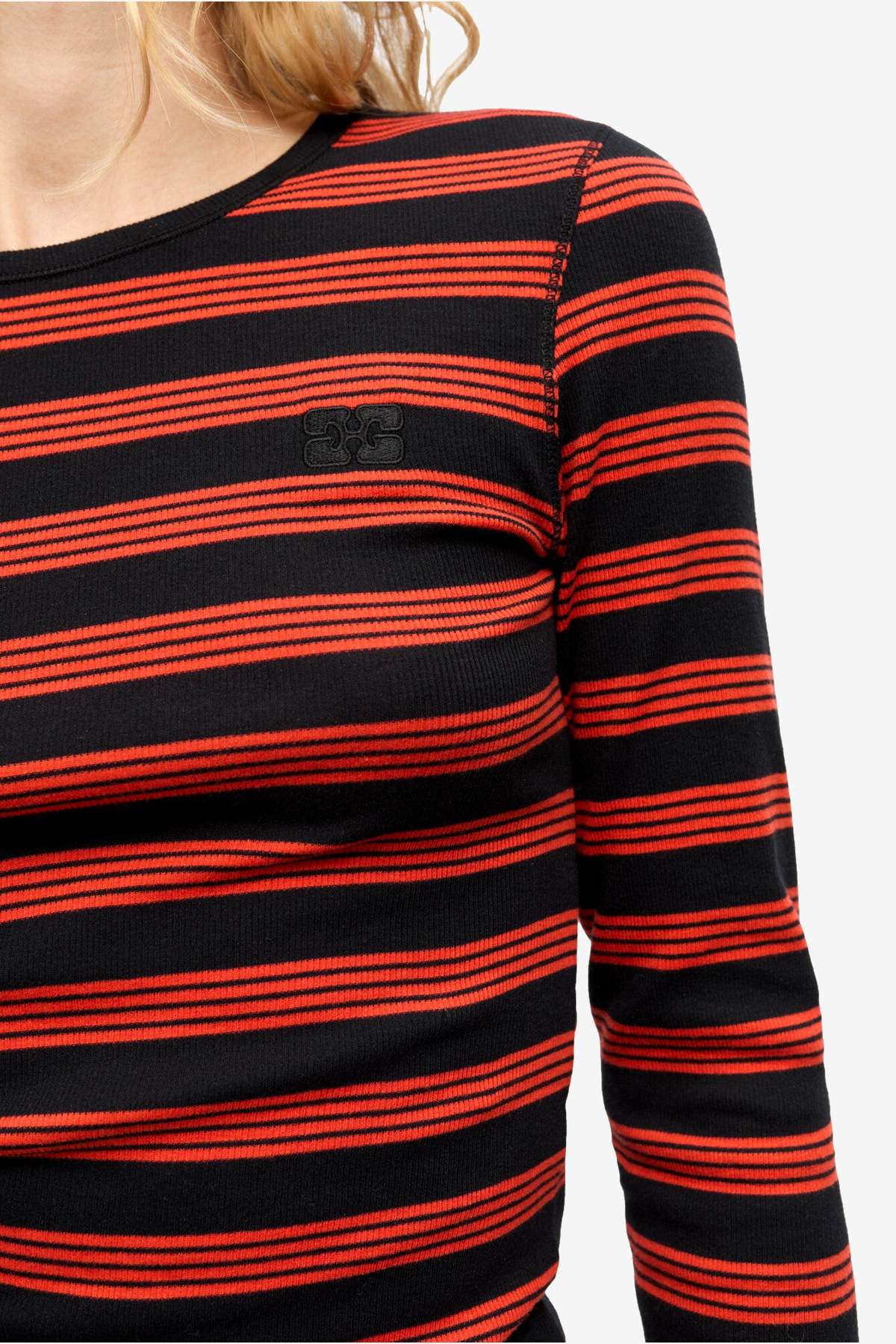 Ganni Soft Cotton Rib Striped Long Sleeve Top | Garmentory