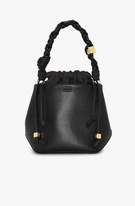 Ganni Hand-Braided Shoulder Bag With Gold Logo - Black