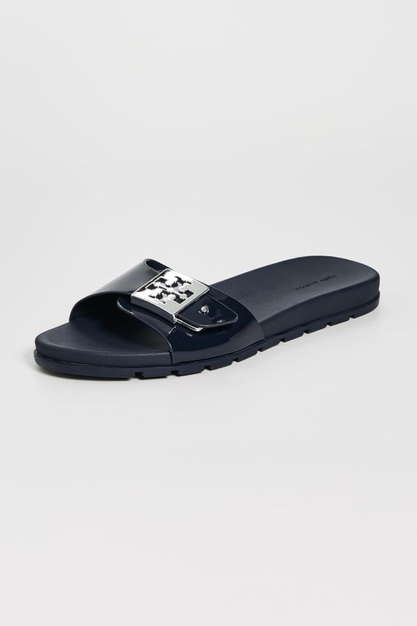 Tory Burch Logo Buckle Slides - New Navy/Silver