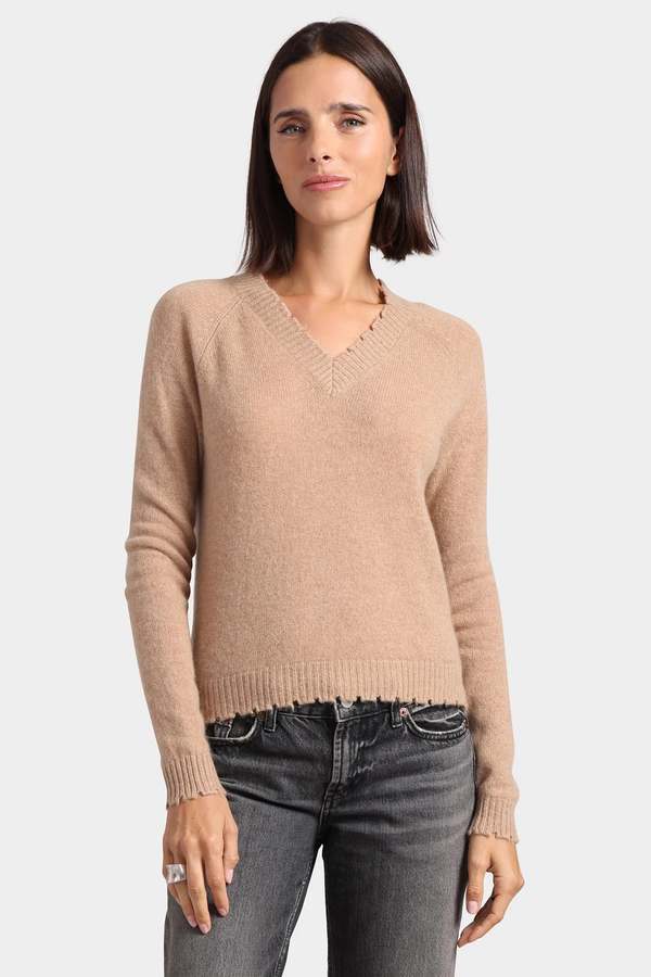 Minnie Rose Frayed Edge Cropped V-Neck Sweater