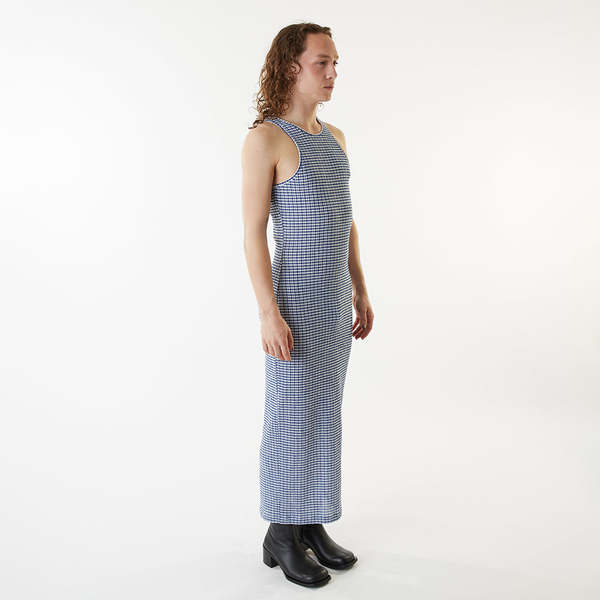 grey racerback maxi dress in Cobalt Blue Gingham M boat neck evening dress