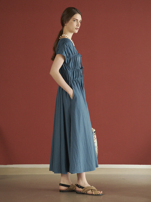 blue string dress Maison de Ines Ribbon Shirring Women's Chlorine Resistant High custom-goods Size:XXLarge Sleeves length