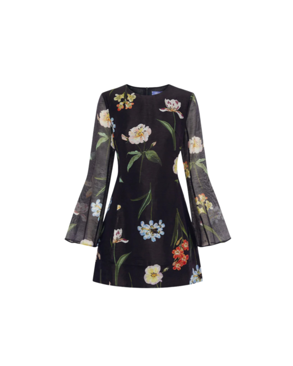 Leo Lin Suzanne Bell Sleeve Mini Dress - Botanical Print in Ebony |  Garmentory