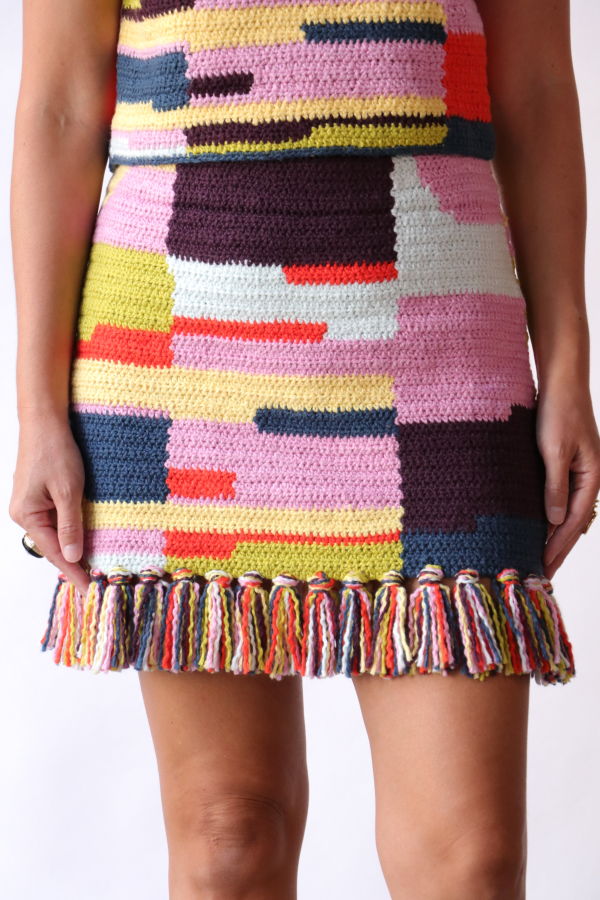 THE ELDER STATESMAN Hand Knit Mini Fringe Skirt - Sunset Patchwork