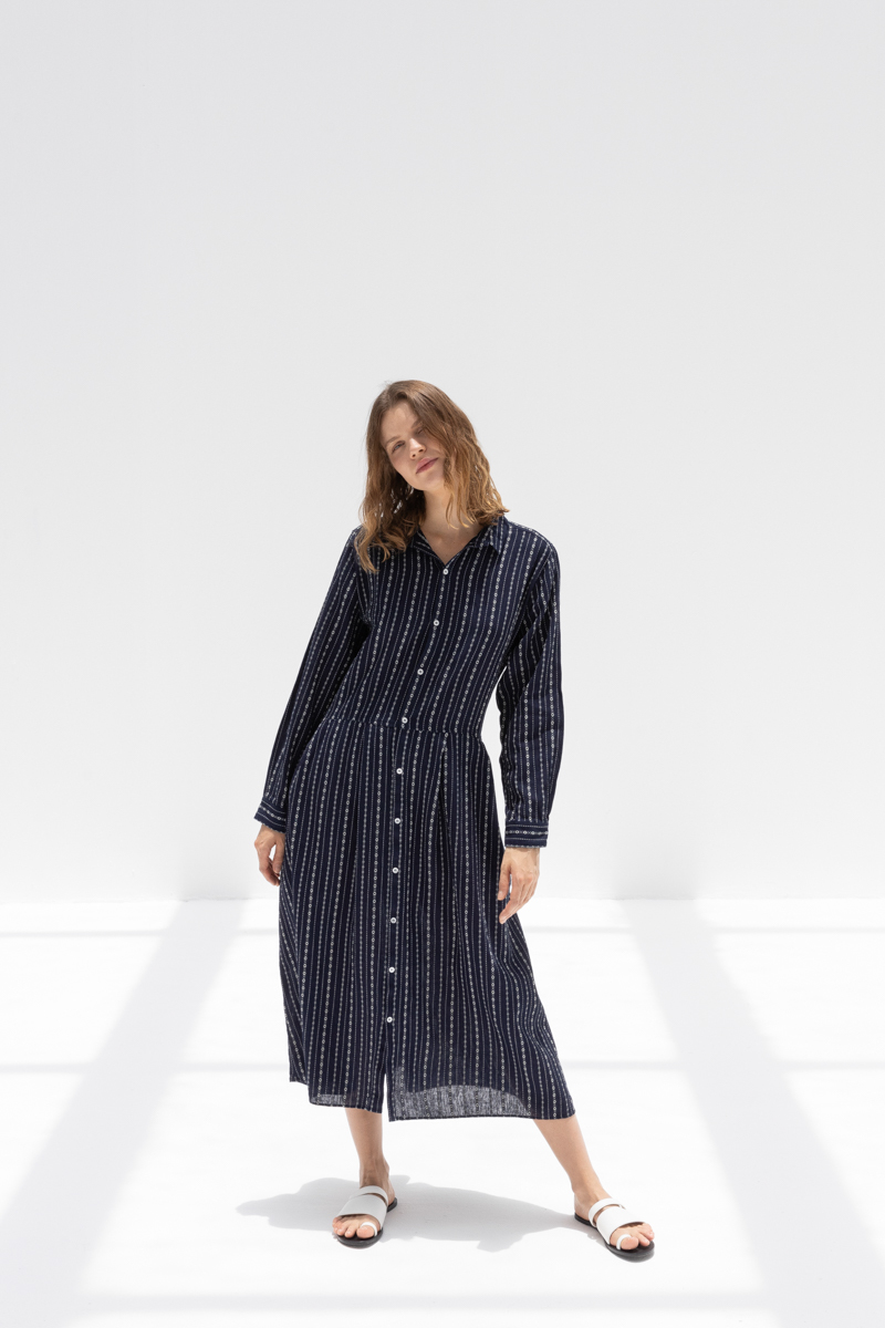 ICHI ANTIQUITES Dobby Stripe Dress - Indigo/Natural