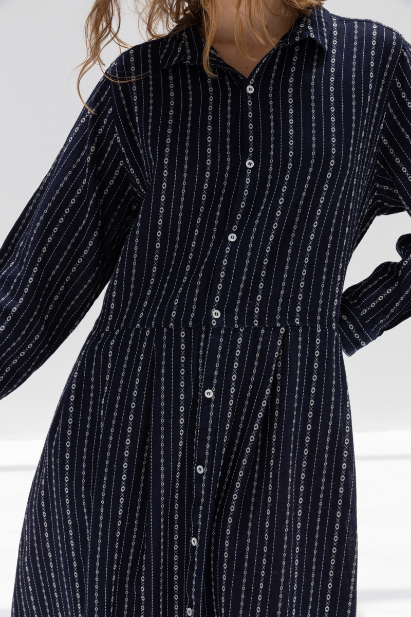 ICHI ANTIQUITES Dobby Stripe Dress - Indigo/Natural