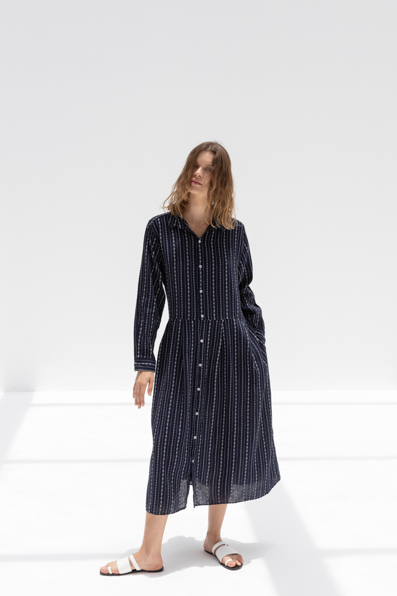 ICHI ANTIQUITES Dobby Stripe Dress - Indigo/Natural