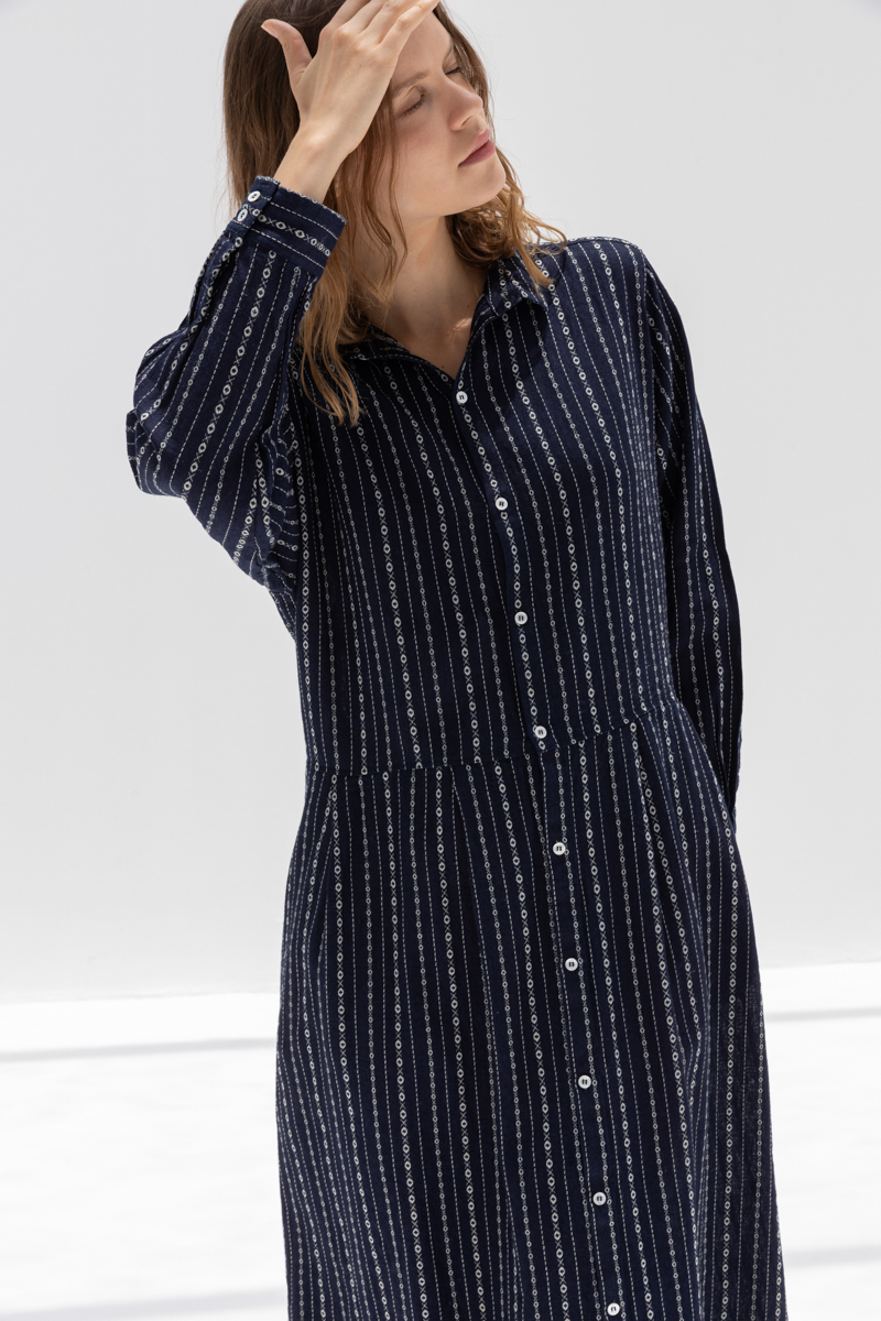 ICHI ANTIQUITES Dobby Stripe Dress - Indigo/Natural