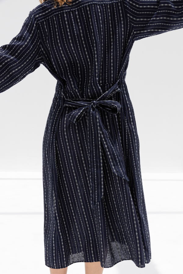 ICHI ANTIQUITES Dobby Stripe Dress - Indigo/Natural