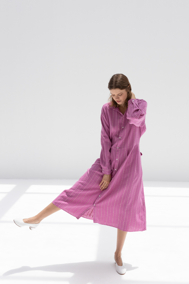 ICHI ANTIQUITES Dobby Stripe Dress - Pink/Natural | Garmentory
