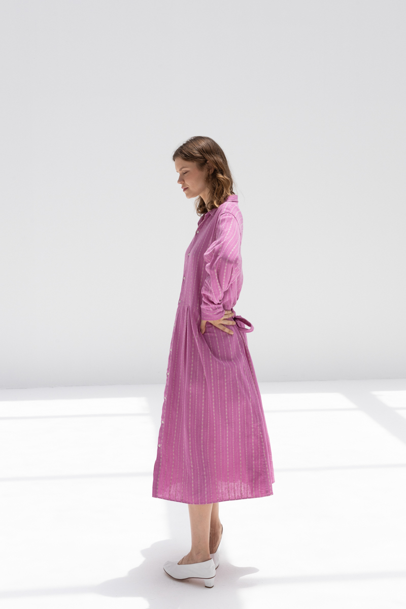 ICHI ANTIQUITES Dobby Stripe Dress - Pink/Natural