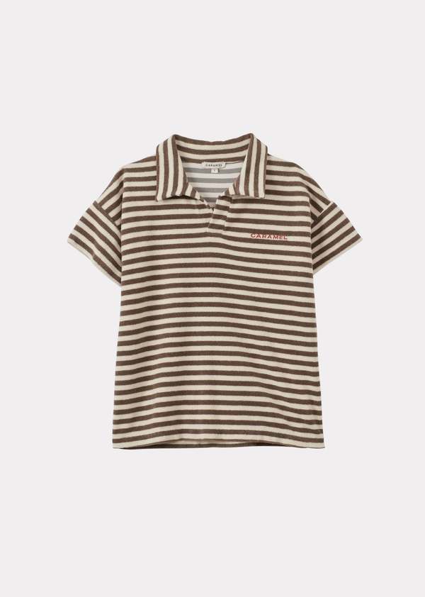 KIDS Caramel Tobias Children's Cotton Toweling Top - Khaki and Ecru Stripe
