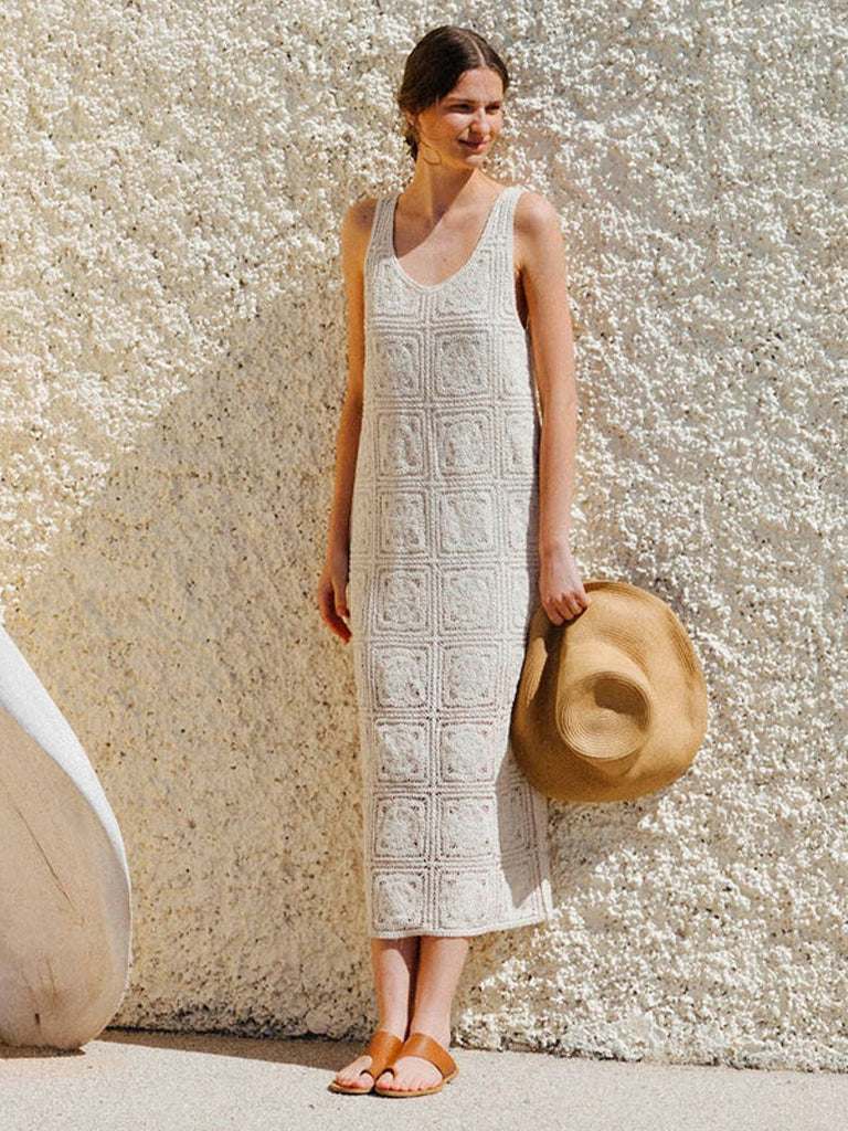 crochet knit beach midi dress in toffee Solar Babe Midi - Women's Brown Crochet Beach Dress