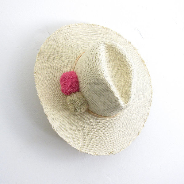 Hat Attack Straw Hat with Pom Poms Womens Straw Sun Hat with Pom Pom Trim | Adjustable Foldable  main image 3