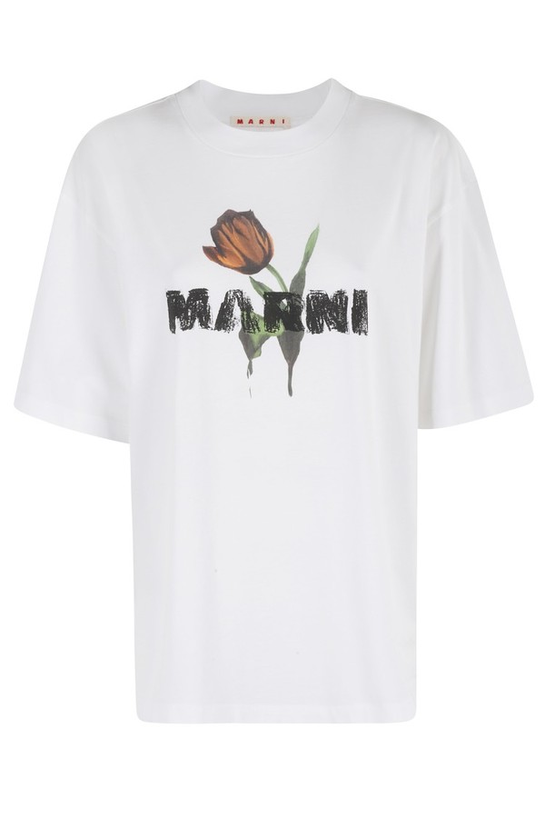Tシャツ・カットソー Marni White Oversized T-Shirt With Floral Logo Design Marni White Oversized T-Shirt With Floral Logo - T-Shirt