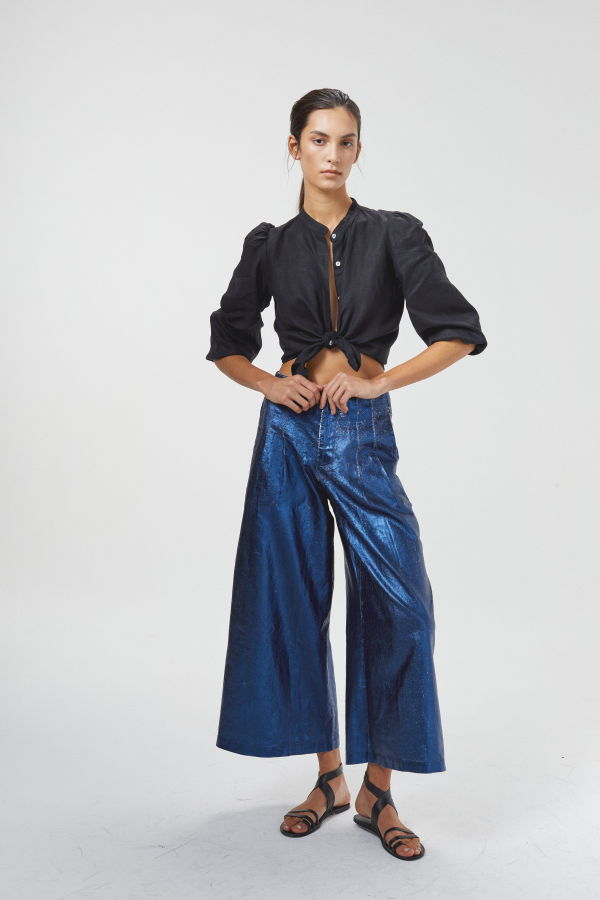 Lanhtropy Culotte Metallic Linen Pants - Dark Blue