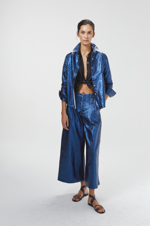 Lanhtropy Culotte Metallic Linen Pants - Dark Blue