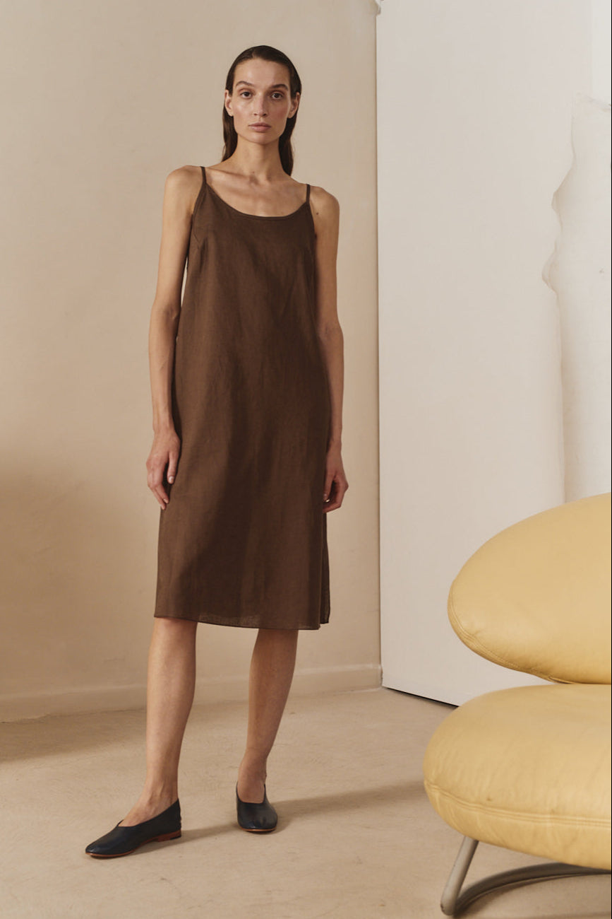 knee length dresses for ladies LINEN SILK TWEED DRESS IN BROWN main image 1