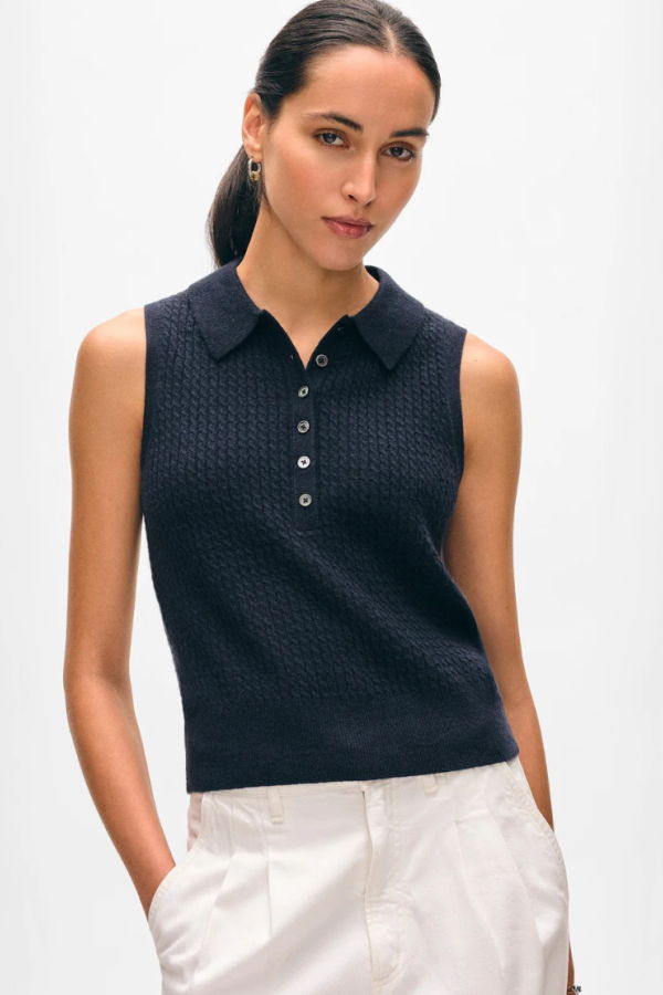 White + Warren Cashmere Sleeveless Polo - Deep Navy