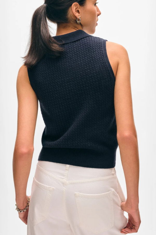 White + Warren Cashmere Sleeveless Polo - Deep Navy
