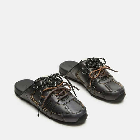 【関税＆送料込み】Ganni Brown Oleatex Mules With Laces Tawny Port Brown Lace-Up Oleatex Mules | GANNI US