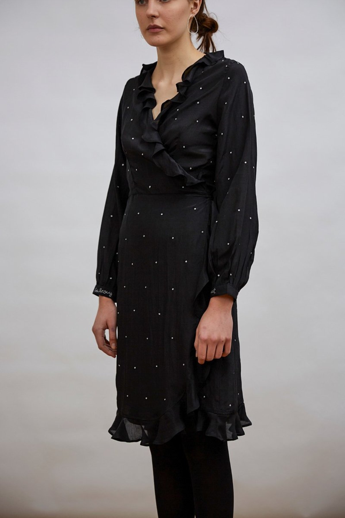 Pink City Prints planet ruffle wrap dress - BLACK - Image 1 of 3