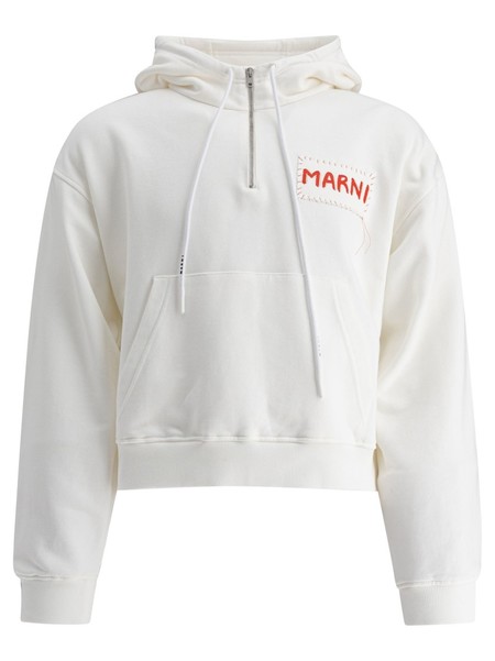 ★MARNI★ Floral Print Logo Hood Natural White FUMU0067PNUSC White cotton hoodie with flower prints | Marni
