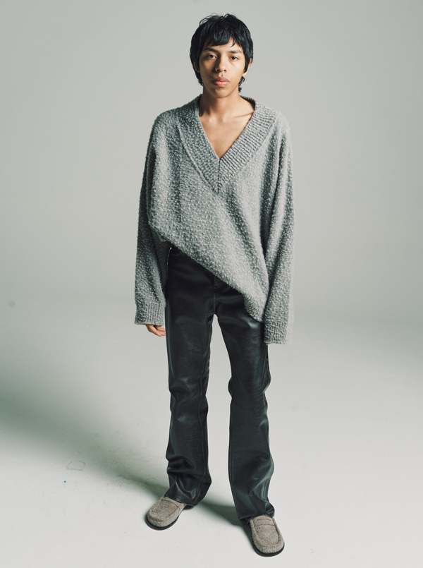 LOEWE Grey Oversized Textured Wool V-Neck Sweater | Garmentory