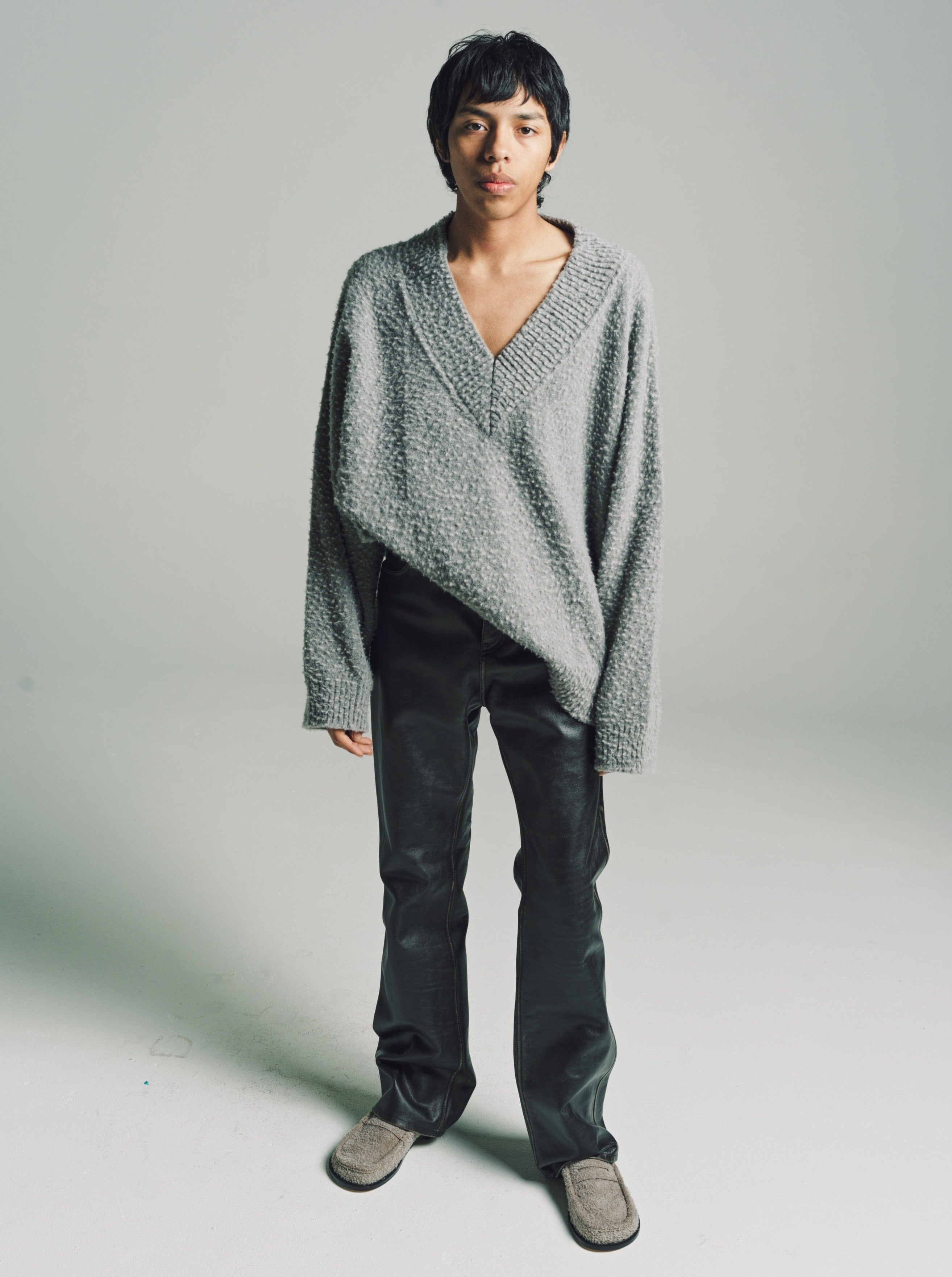LOEWE Grey Oversized Textured Wool V-Neck Sweater | Garmentory