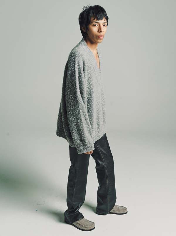 LOEWE Grey Oversized Textured Wool V-Neck Sweater | Garmentory