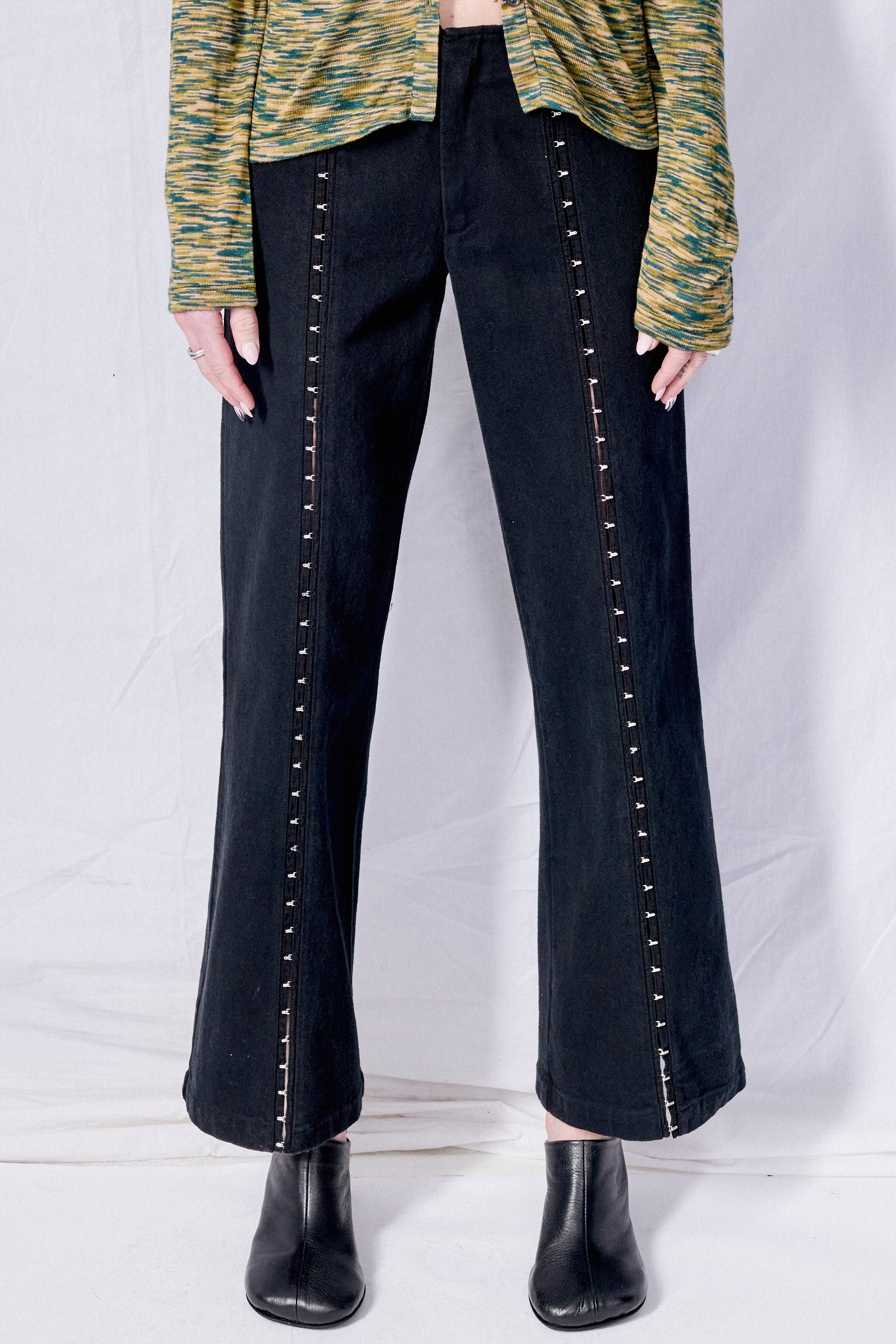Assembly Overdyed Denim Hook Front Flare Pant - Black | Garmentory
