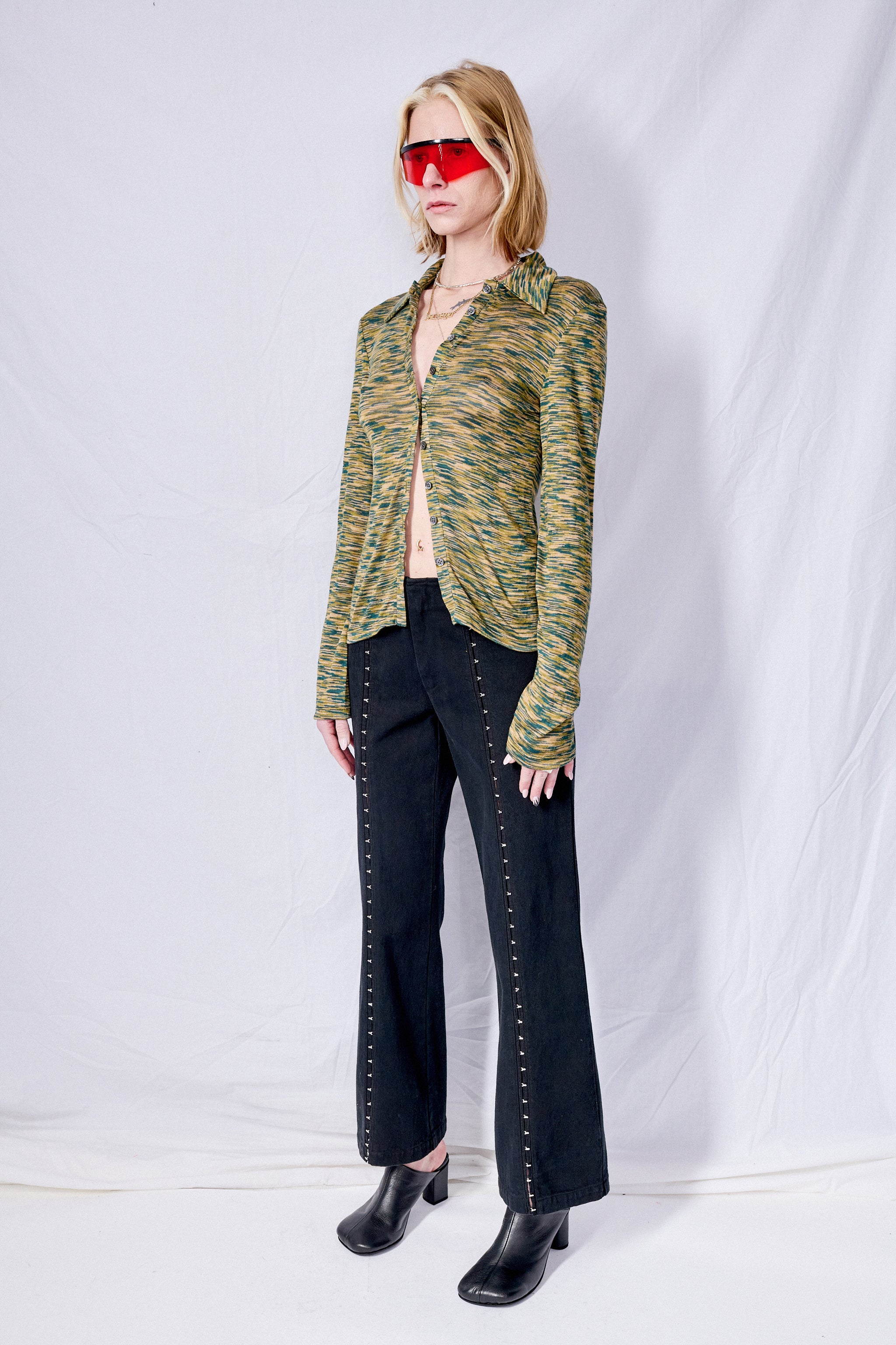 Assembly Overdyed Denim Hook Front Flare Pant - Black | Garmentory