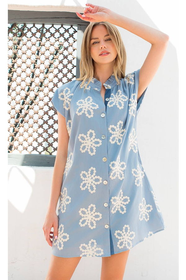 THML Embroidered Ruffle Collar Cap Sleeve Dress