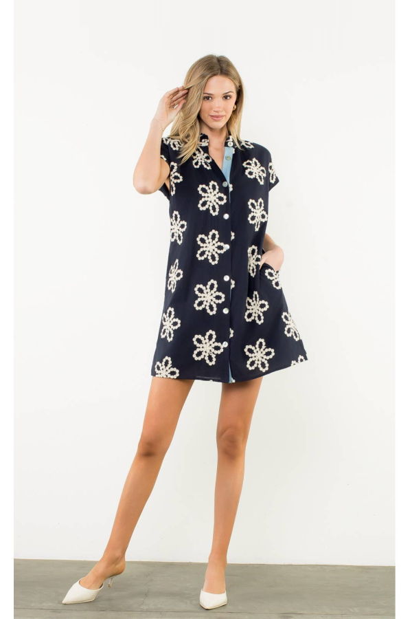 THML Embroidered Ruffle Collar Cap Sleeve Dress