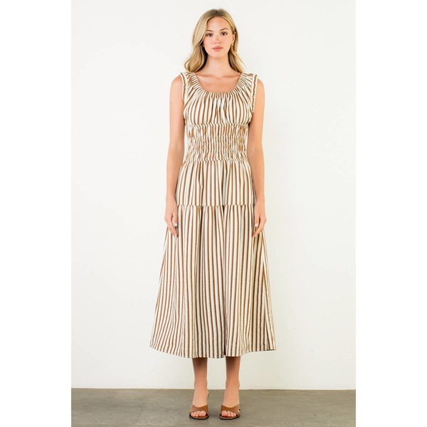 THML Smocked Waist Striped Maxi Dress - Brown
