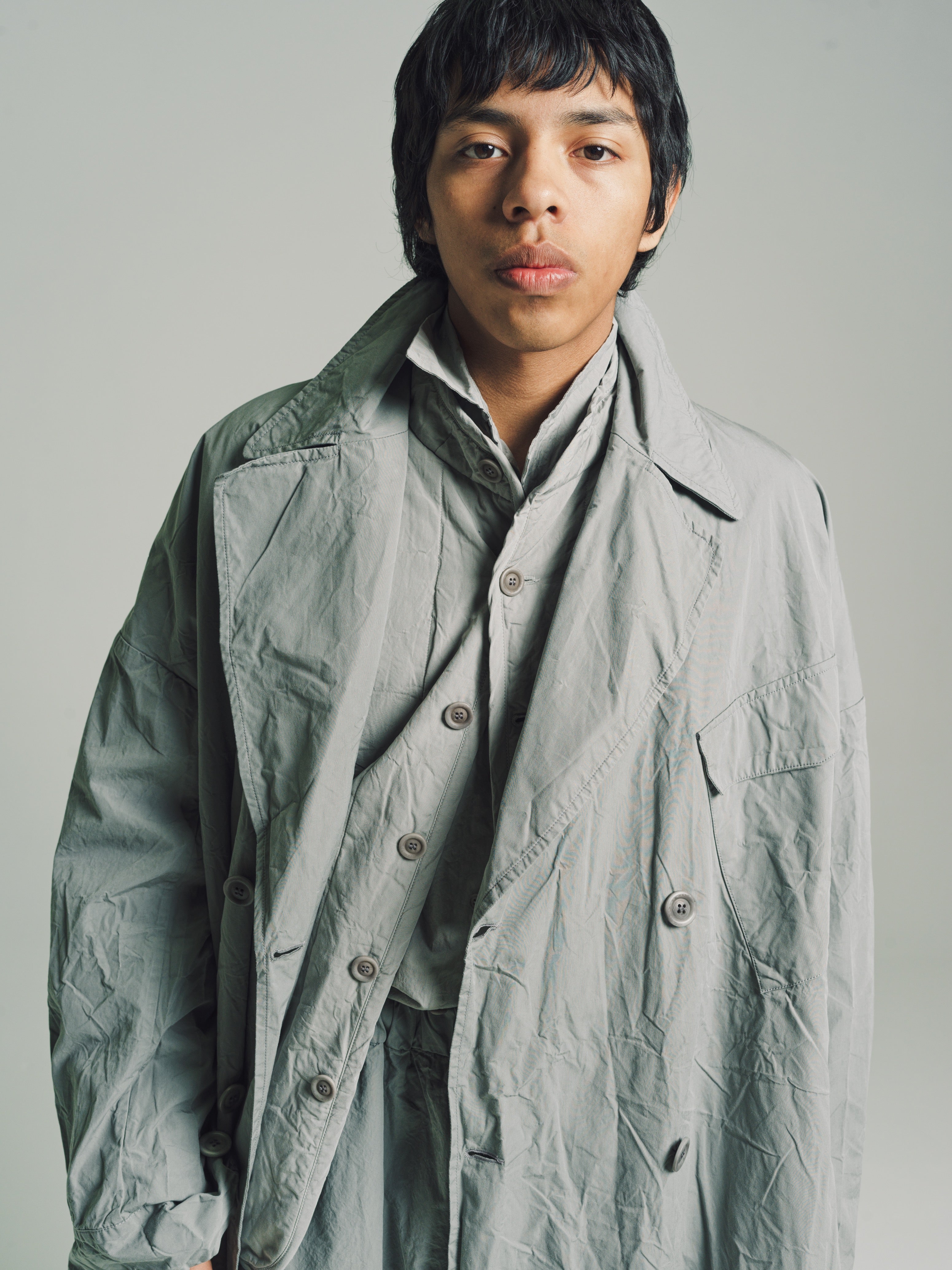 Casey Casey Grey Wrinkled Card Cotton Double Breasted Army Coat