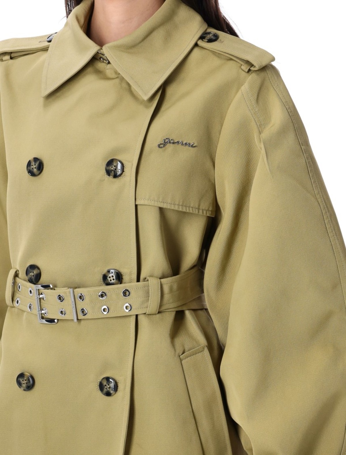 Ganni Twill Midi Trench Coat - Green | Garmentory