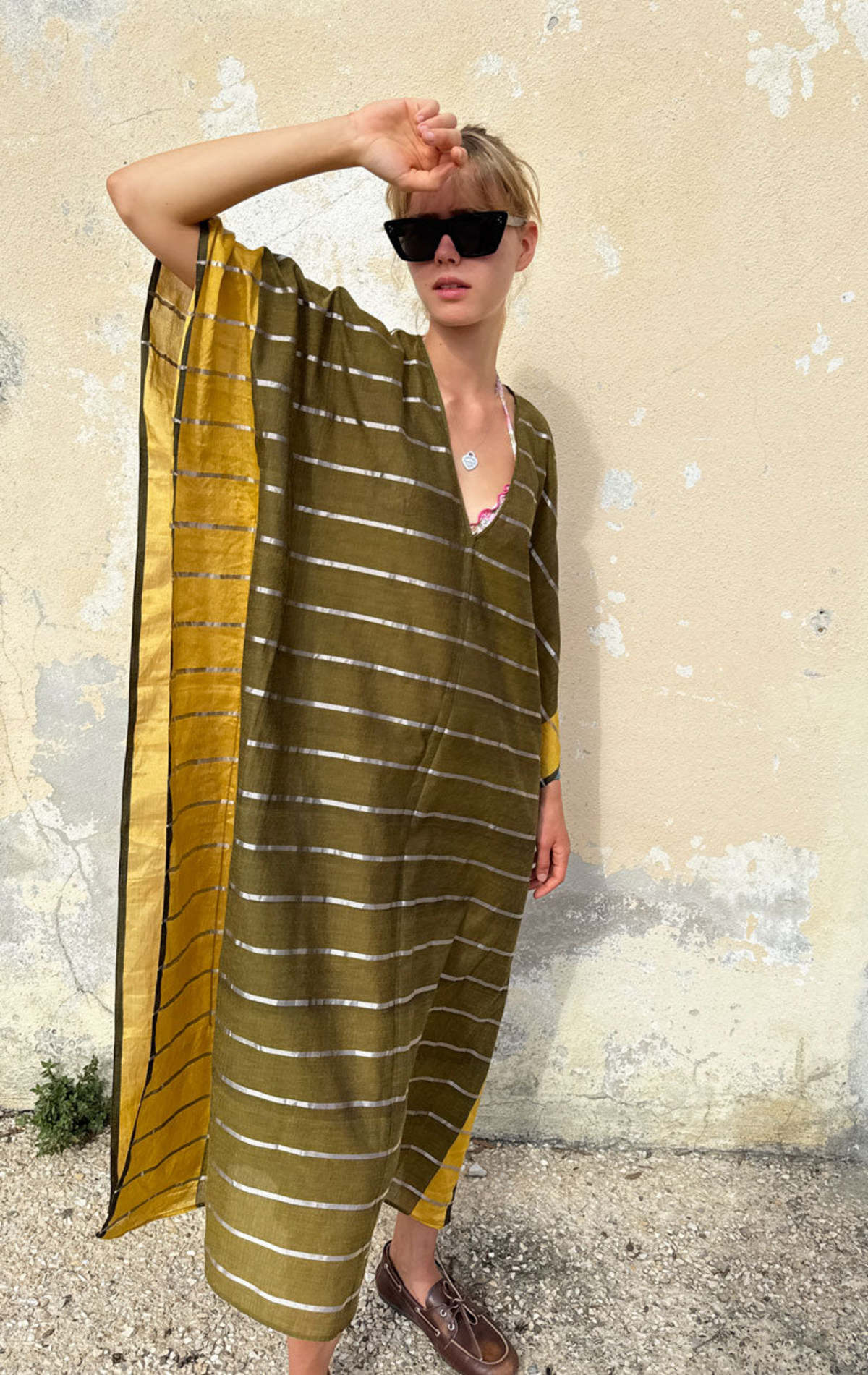 Two V Neck Caftan in Metallic Stripe - Image 1 of 2