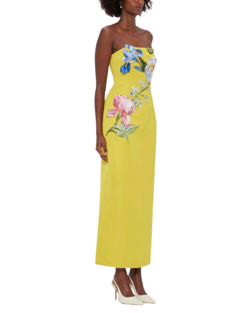 Leo Lin Rayna Applique Floral Bustier Maxi Dress - Mustard | Garmentory